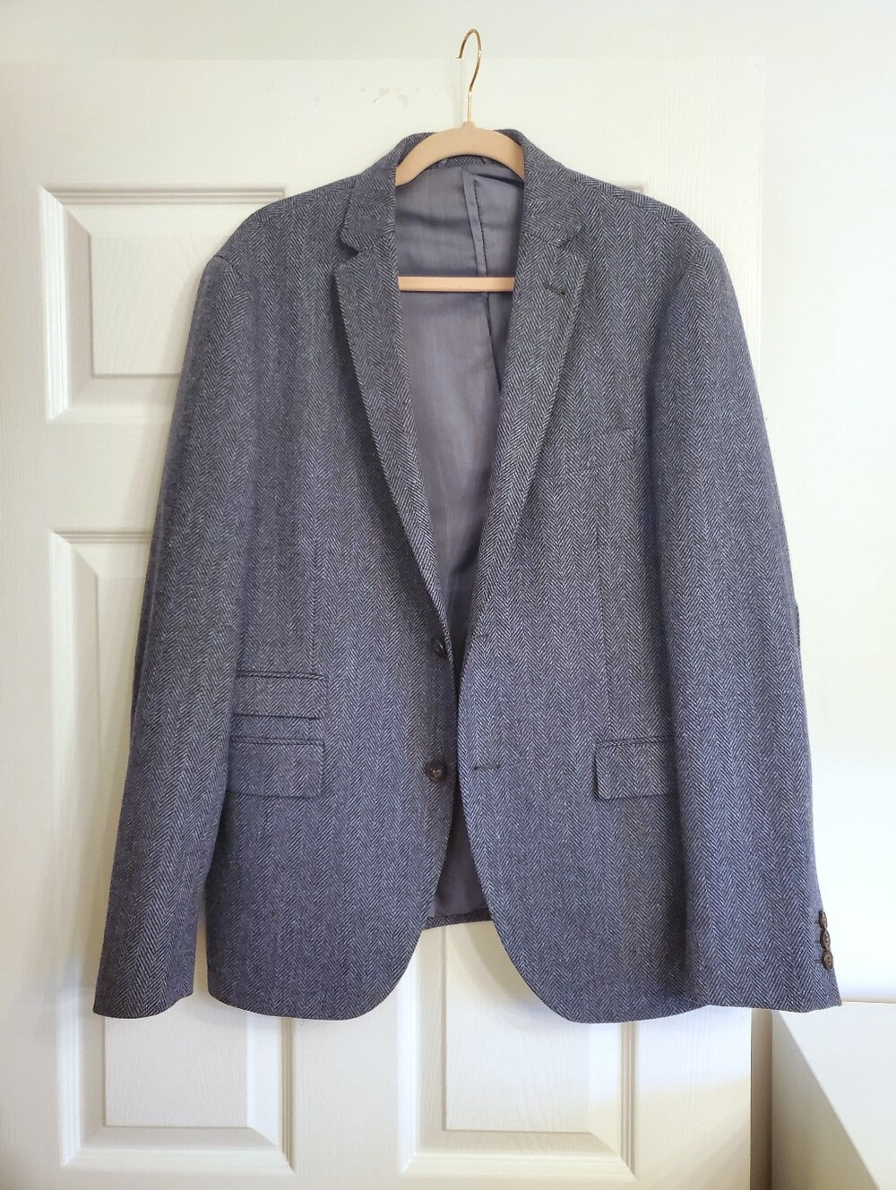 Frank & Oak Men's Blue Herringbone Sport Coat with Elbow Patches Laurier Fit